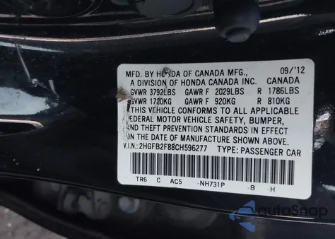 2012 Honda Civic Ex from USA, damaged, VIN 2HGFB2F88CH596277
